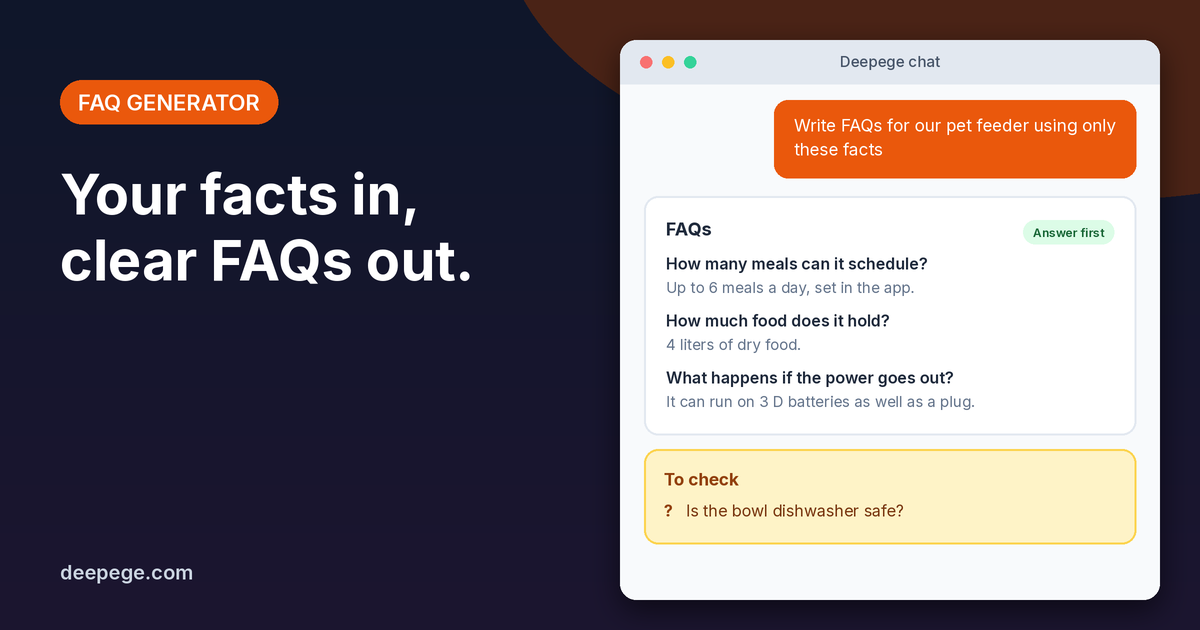 Deepege chat mockup: product facts for a pet feeder turned into FAQs, with one question listed under To check