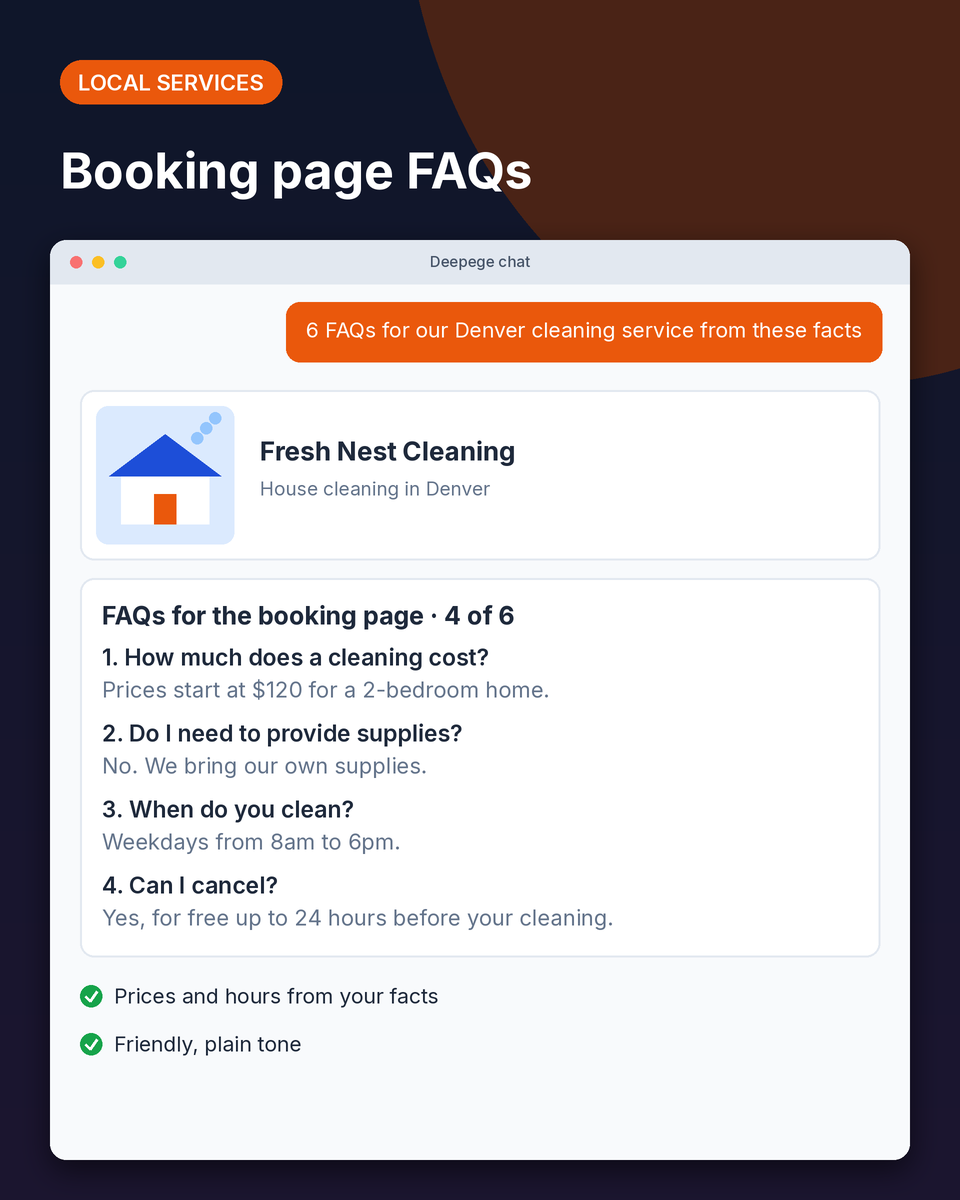 Local service example: six FAQs for a house cleaning service in Denver about prices, supplies, hours and cancelling