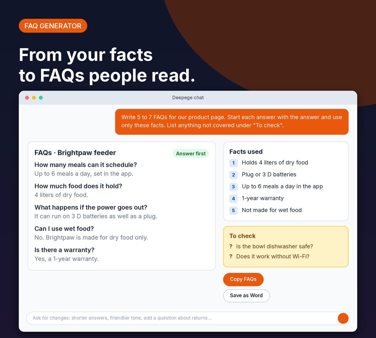 Deepege chat mockup: a request with pet feeder facts, six FAQs that open with the answer, and a To check list