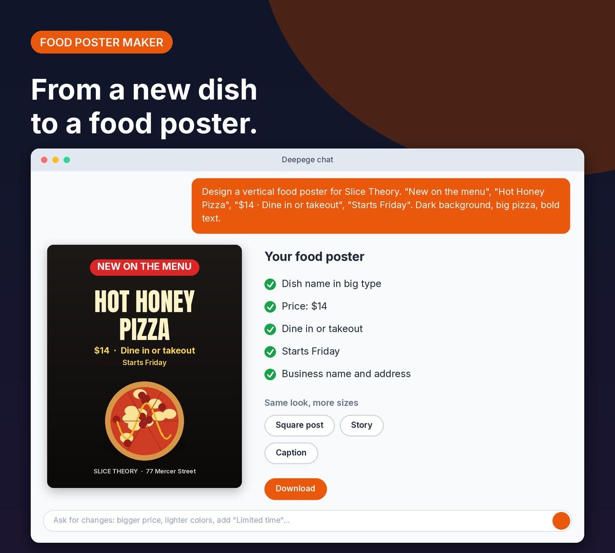 Deepege chat mockup: a dish name, price and start day and a vertical food poster with a pizza and big text