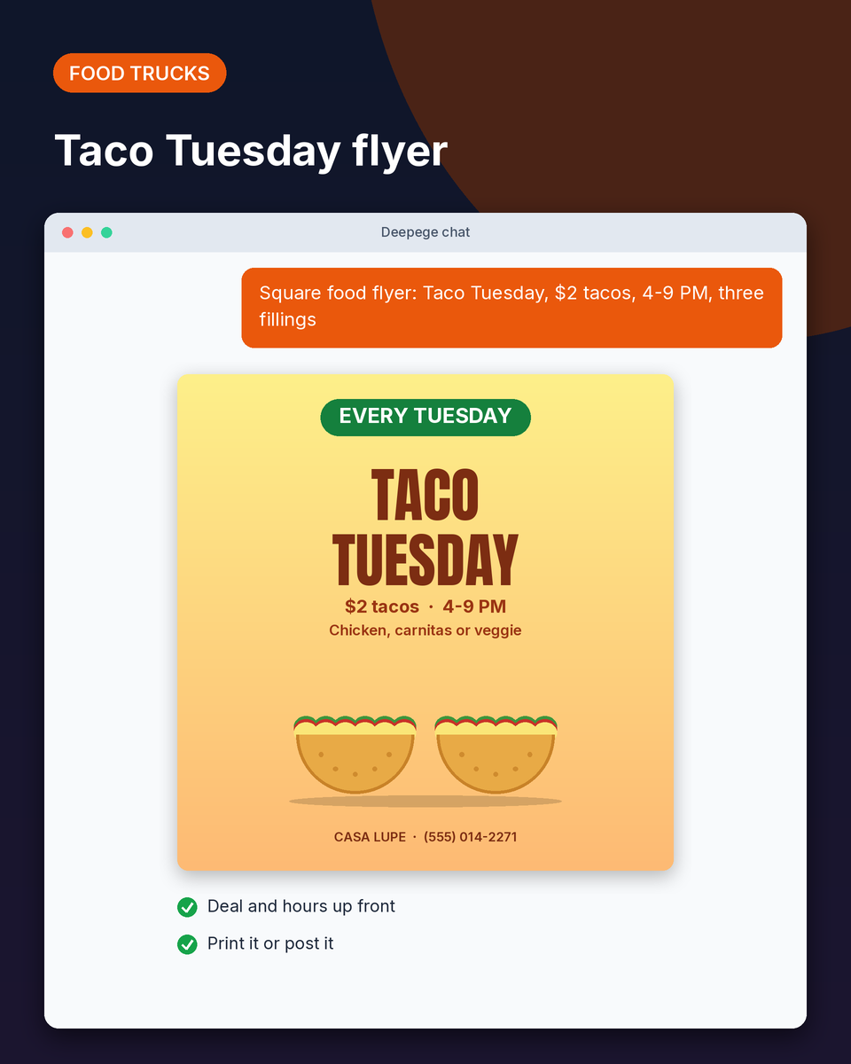 Food flyer example: a square taco Tuesday flyer with $2 tacos from 4 to 9 PM and three filling choices
