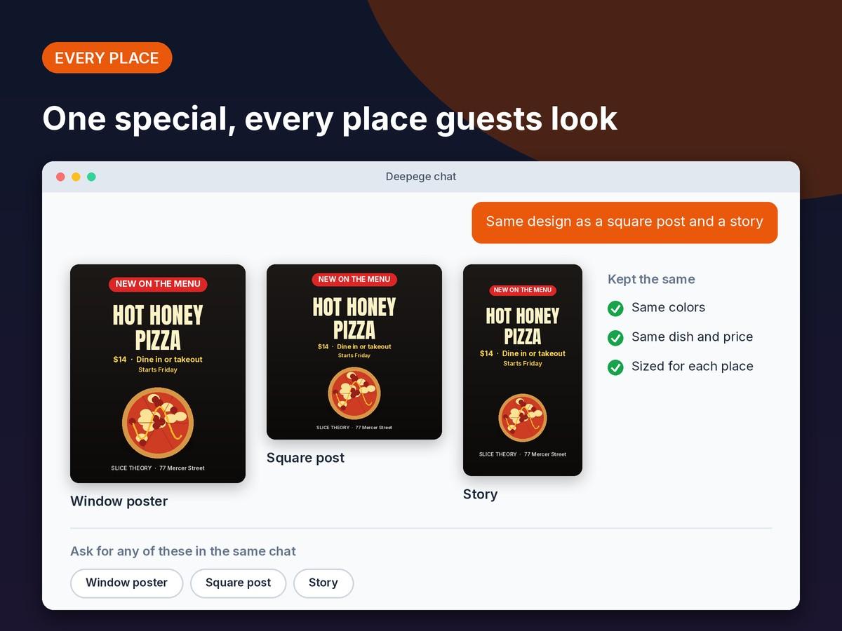 Mockup: one food design as a vertical window poster, a square social post and a vertical story