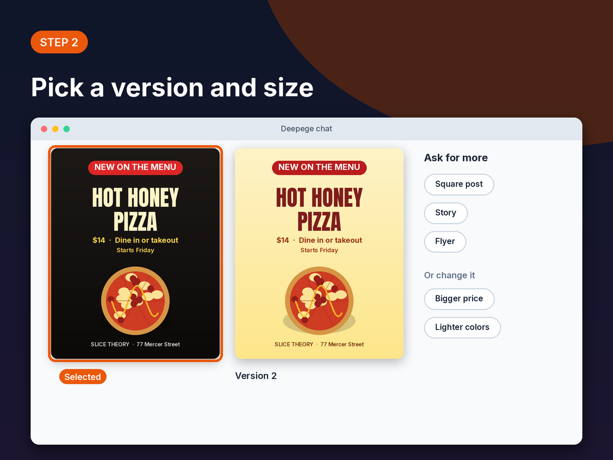 Step 2 mockup: two food poster versions and buttons to ask for a square post, a story or a flyer