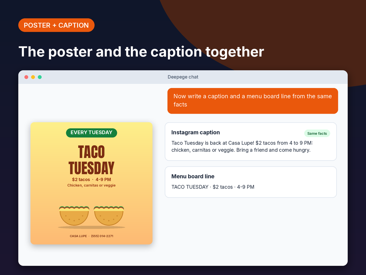 Mockup: a square taco night post next to a caption and a short menu board line written in the same chat