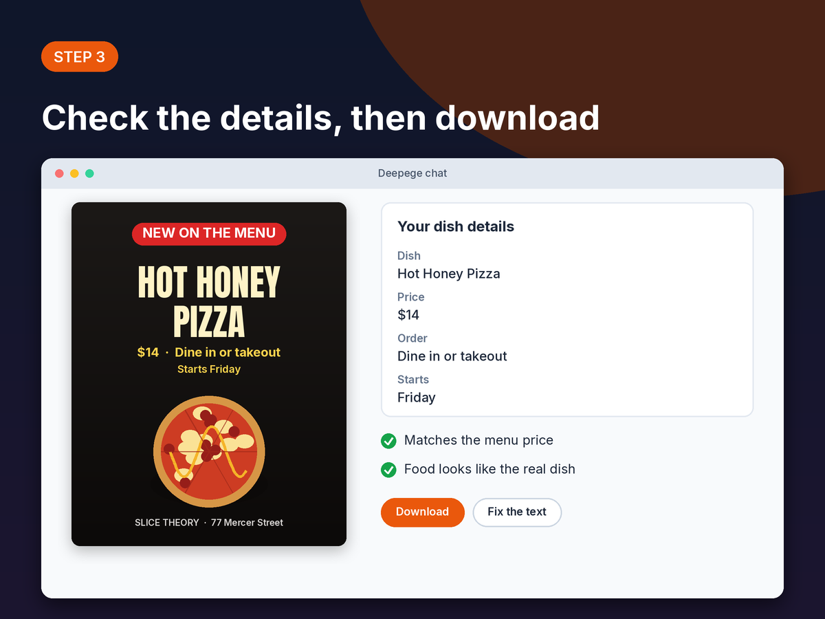 Step 3 mockup: a checklist of dish, price and dates next to the final food poster with a download button