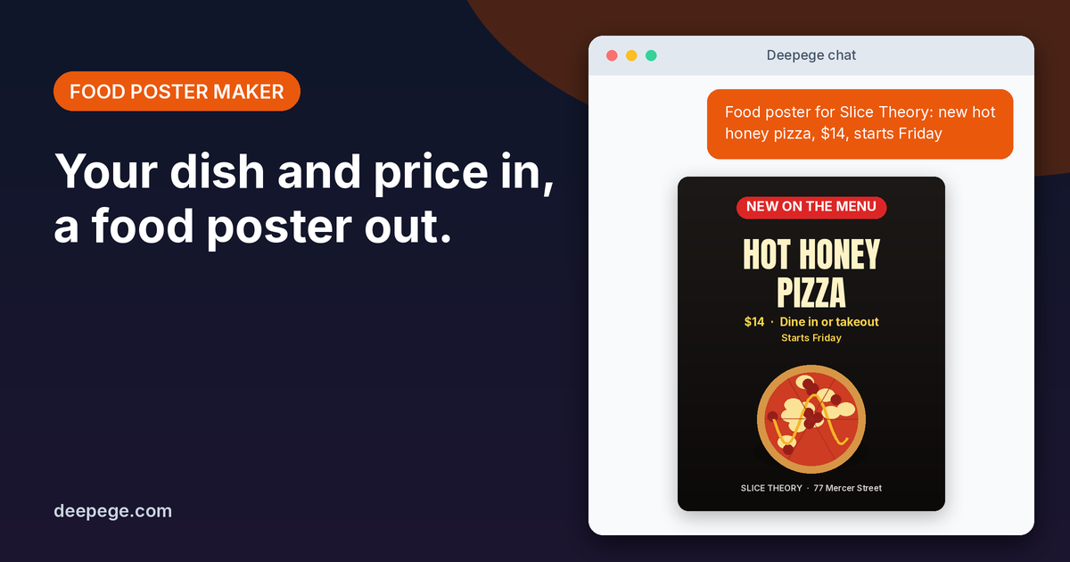 Deepege chat mockup: a new menu item request for a pizza shop and the finished dark hot honey pizza poster