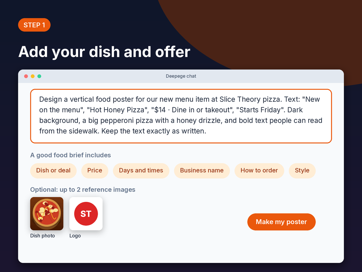 Step 1 mockup: typing a dish name, price, offer and dates into the Deepege chat box, with a dish photo attached
