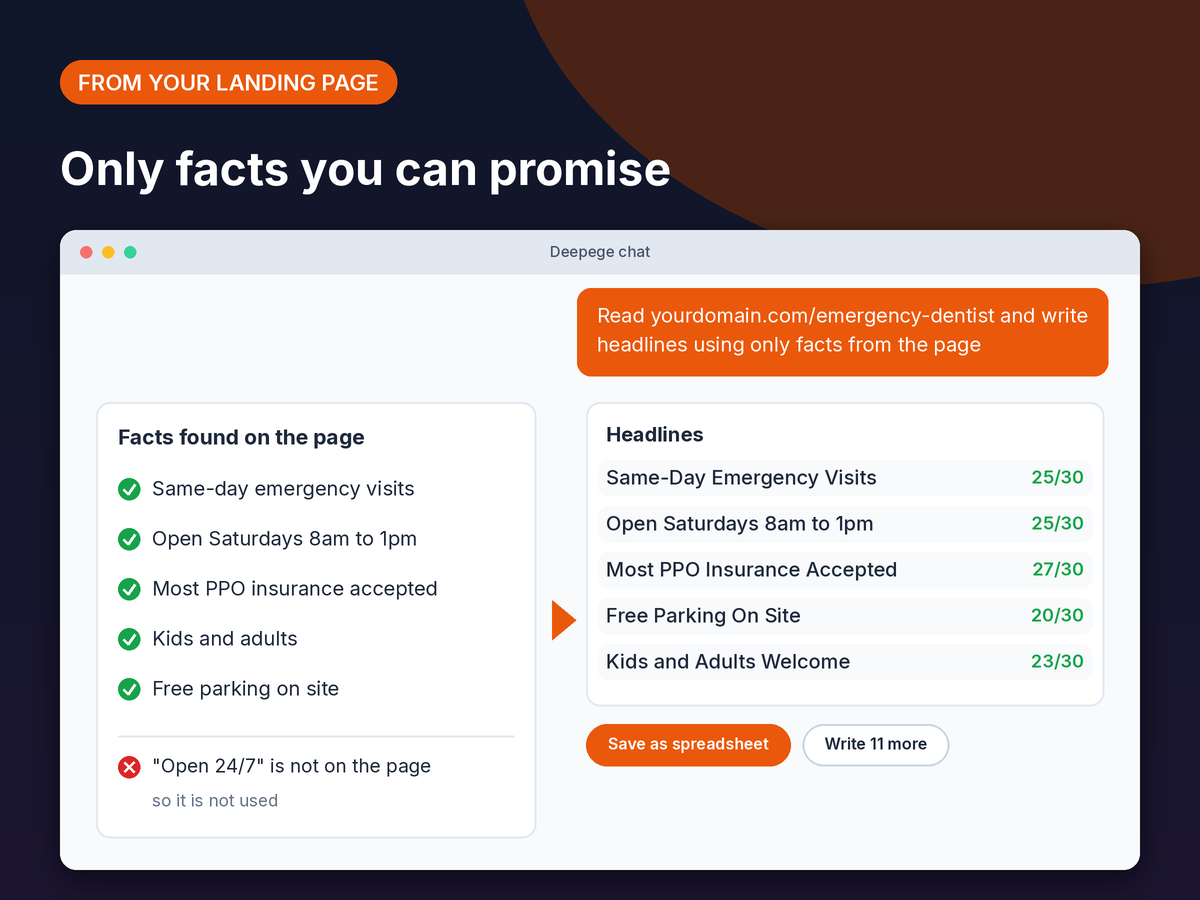 Mockup: facts read from a landing page link turned into headlines, with a button to save them as a spreadsheet