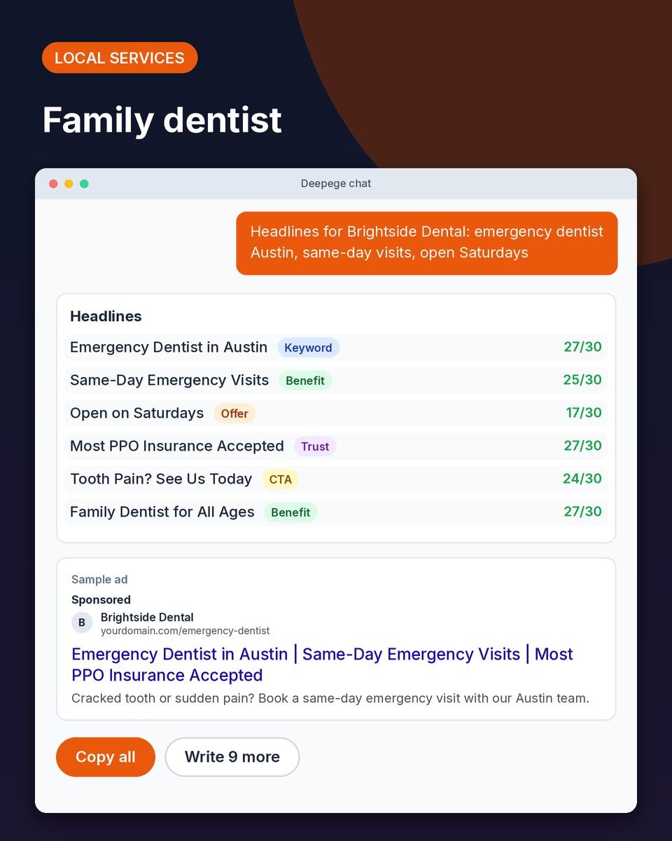 Local service example: search ad headlines for a family dentist offering same-day emergency visits in Austin
