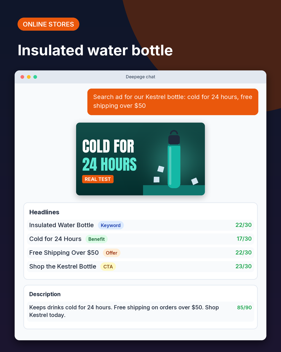 Online store example: search ad headlines and a description for an insulated water bottle with free shipping