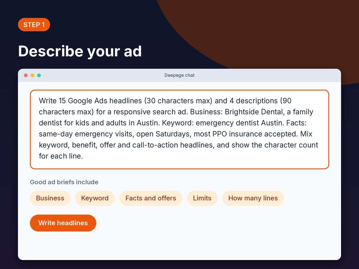 Step 1 mockup: typing the business, keyword, facts and character limits into the Deepege chat box