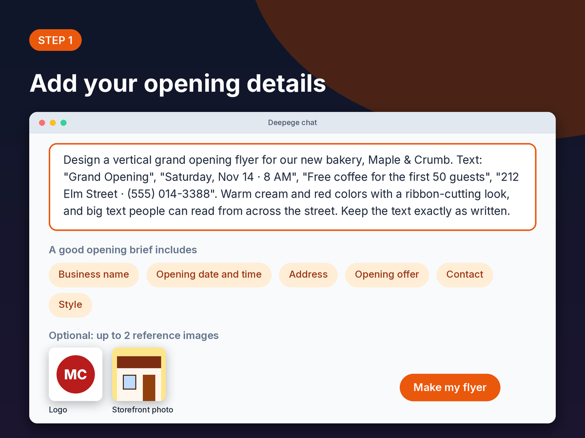 Step 1 mockup: typing a business name, opening date, address and opening offer into the Deepege chat box