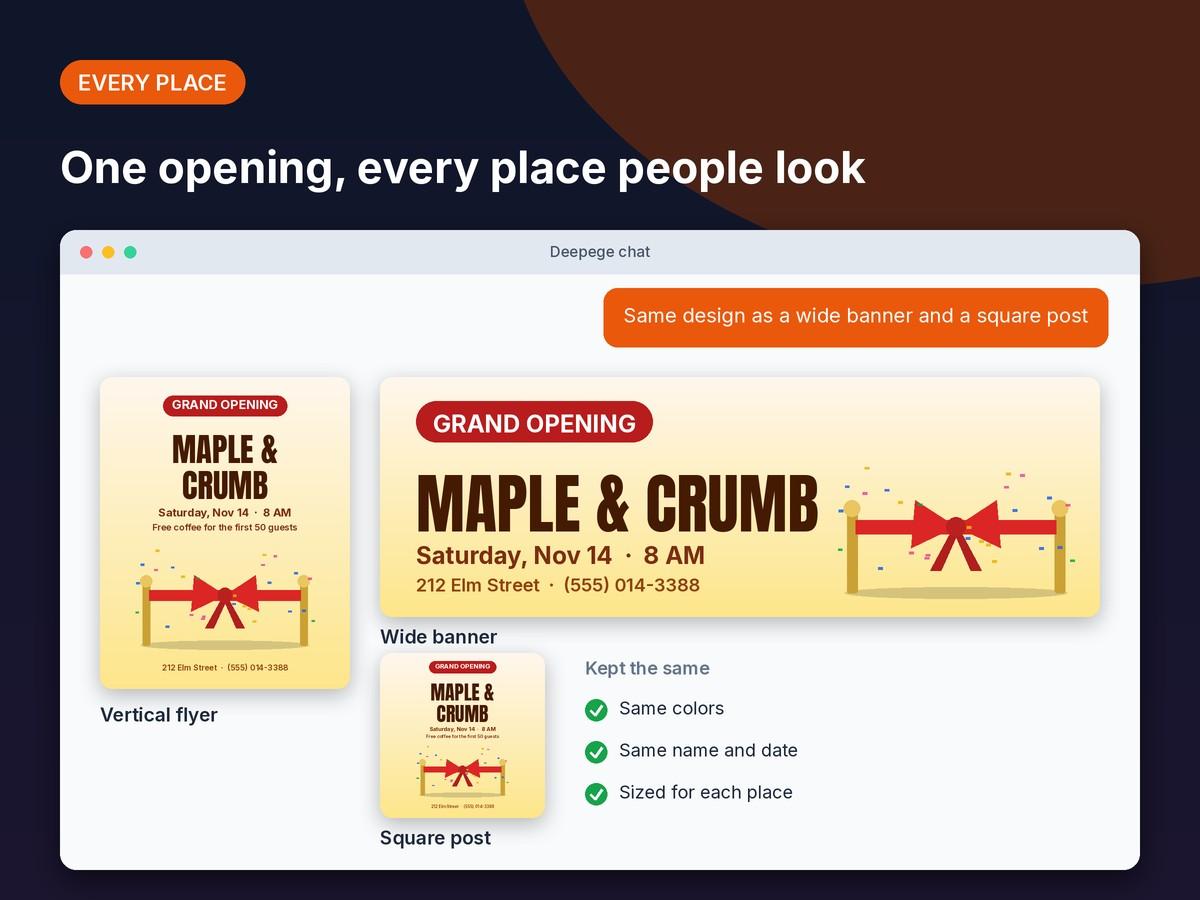 Mockup: one grand opening design as a vertical flyer, a wide storefront banner and a square social post
