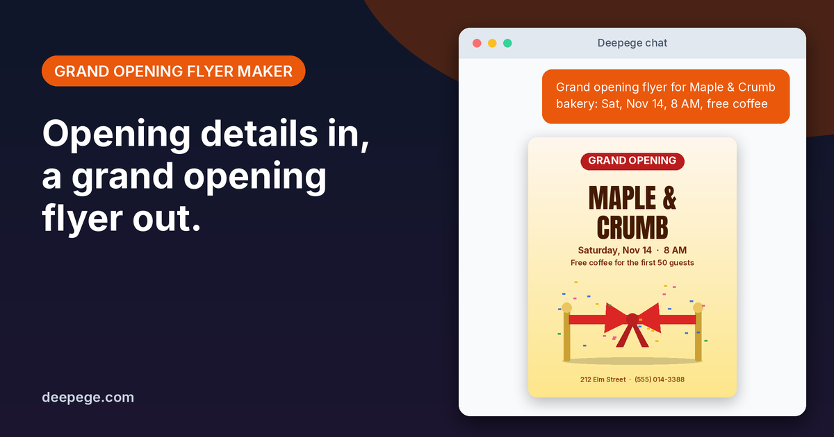 Deepege chat mockup: a grand opening request for Maple & Crumb bakery and the finished cream and red grand opening flyer