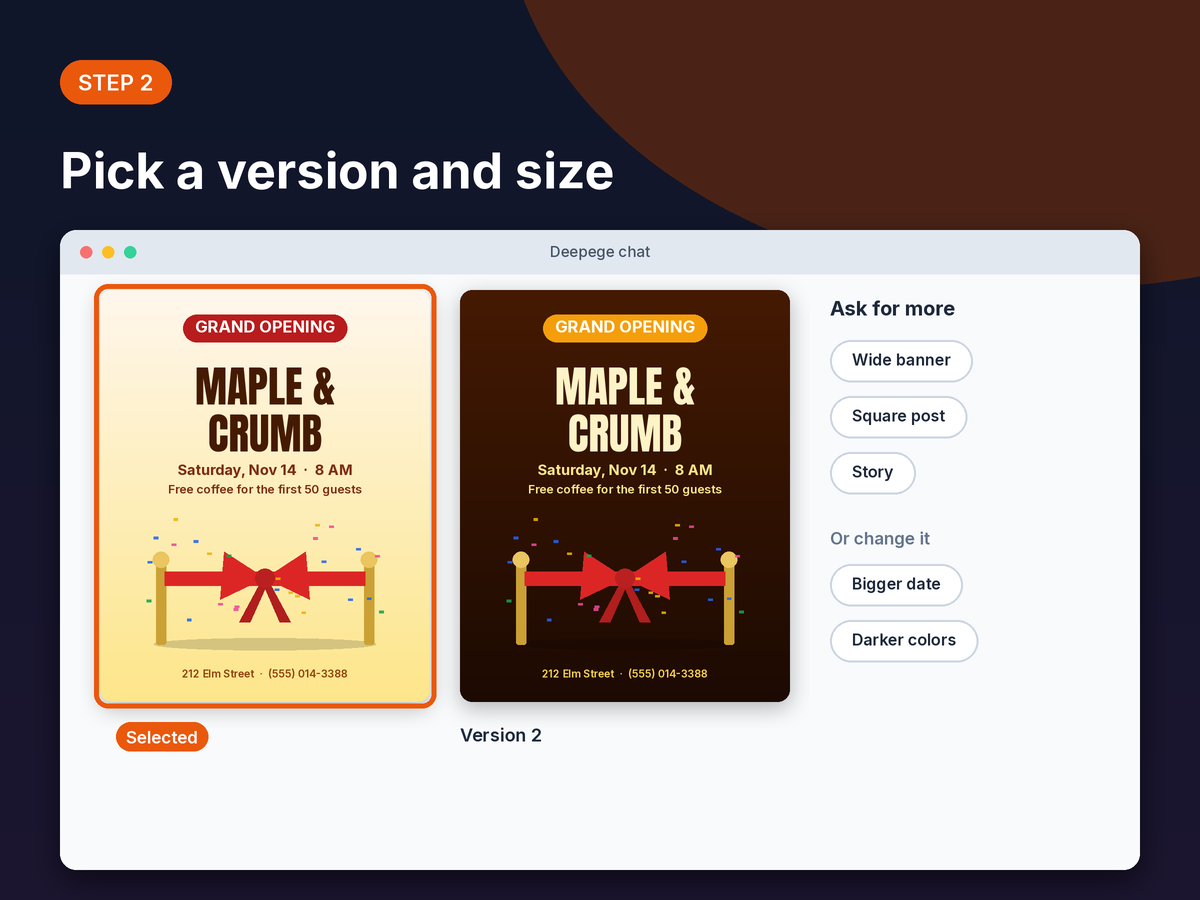 Step 2 mockup: two grand opening flyer versions and buttons to ask for a banner, a square post or a story