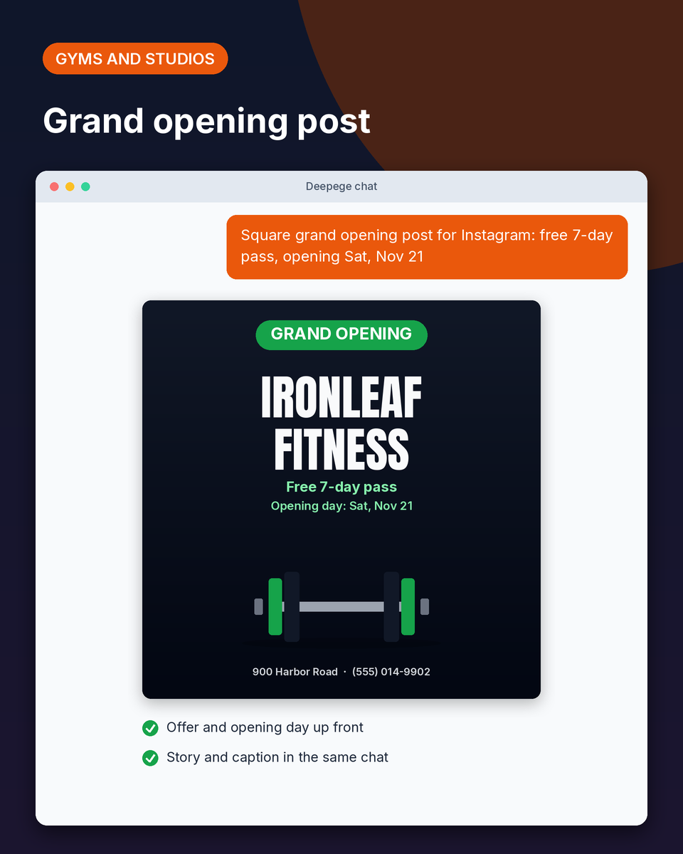 Gym example: a square grand opening post for Ironleaf Fitness with a free 7-day pass and the opening day