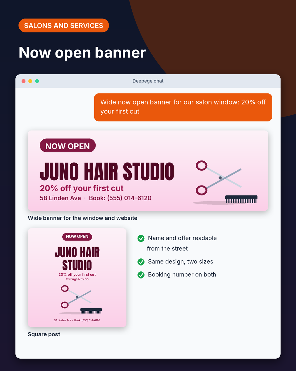 Salon example: a wide now open banner for Juno Hair Studio with 20% off the first cut and a booking number