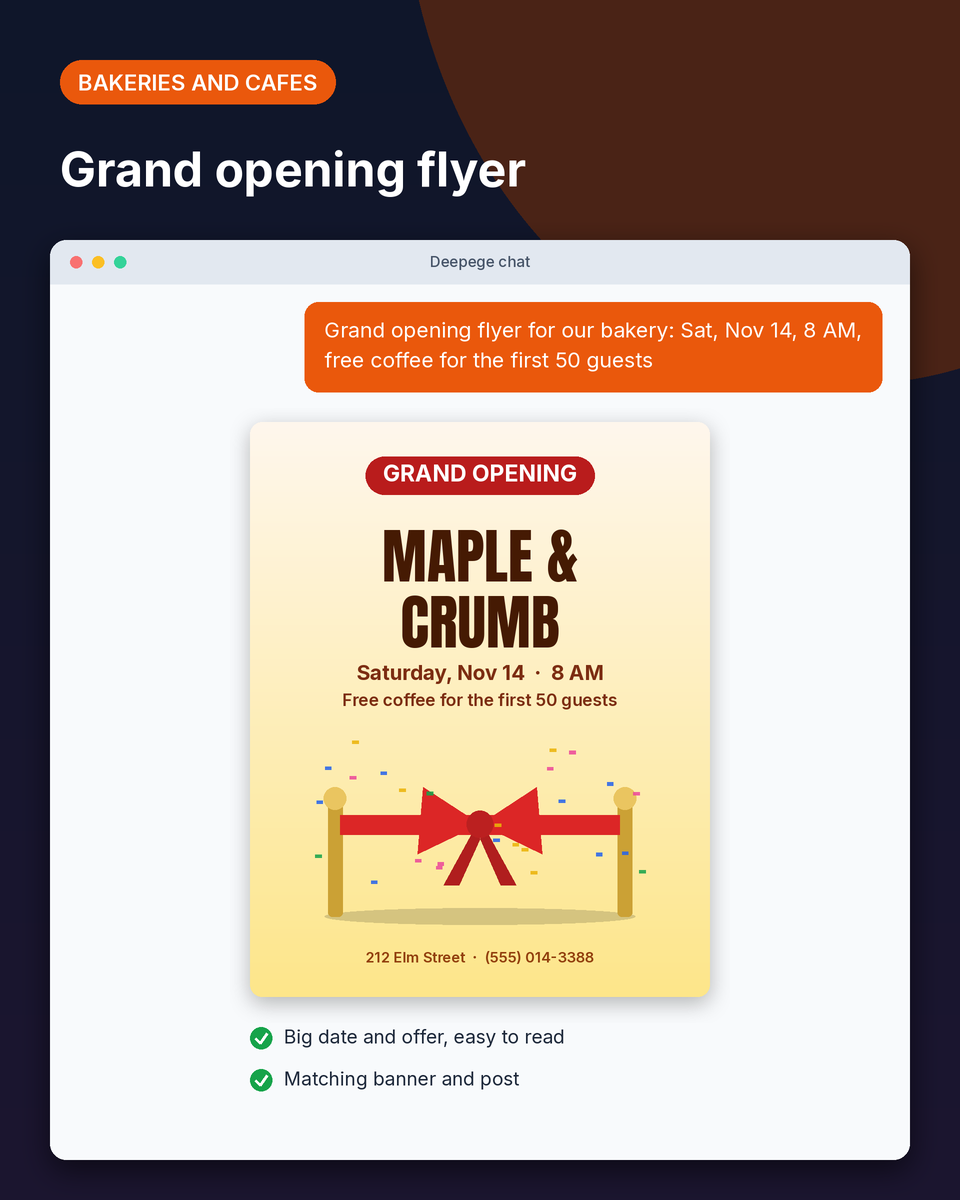 Bakery example: a vertical grand opening flyer for Saturday, Nov 14 at 8 AM with free coffee for the first 50 guests
