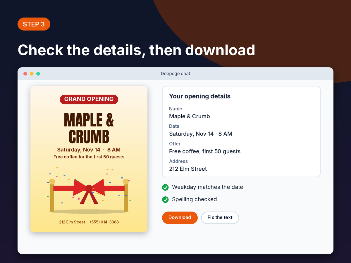Step 3 mockup: a checklist of opening details next to the final grand opening flyer with a download button