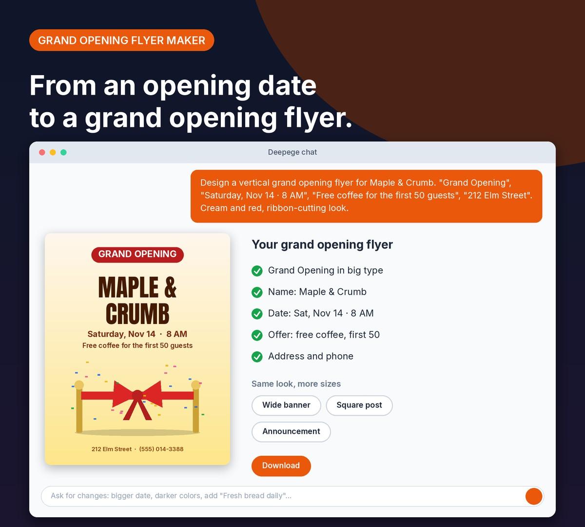 Deepege chat mockup: a bakery's opening date, address and offer and a vertical grand opening flyer with a red ribbon