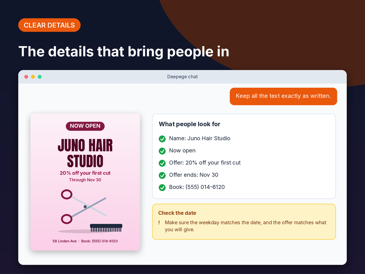 Mockup: a grand opening flyer next to a checklist for the name, date and time, address, offer and contact