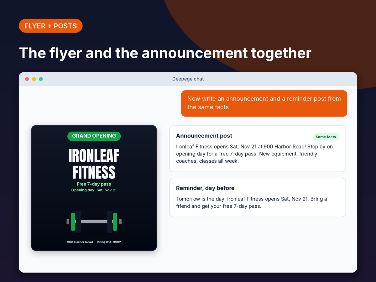 Mockup: a square grand opening post next to a short announcement post and a reminder post written in the same chat