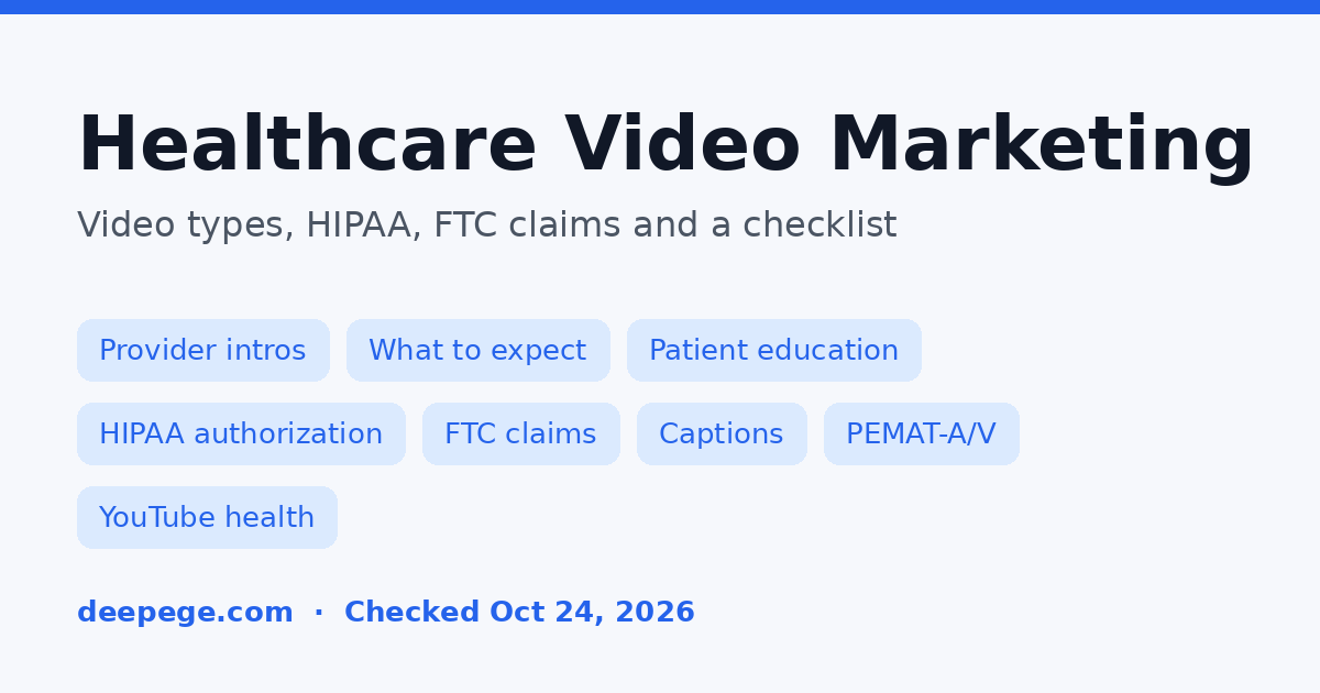 Healthcare video marketing cover: video types, HIPAA authorization, FTC claims, captions and PEMAT-A/V checklist