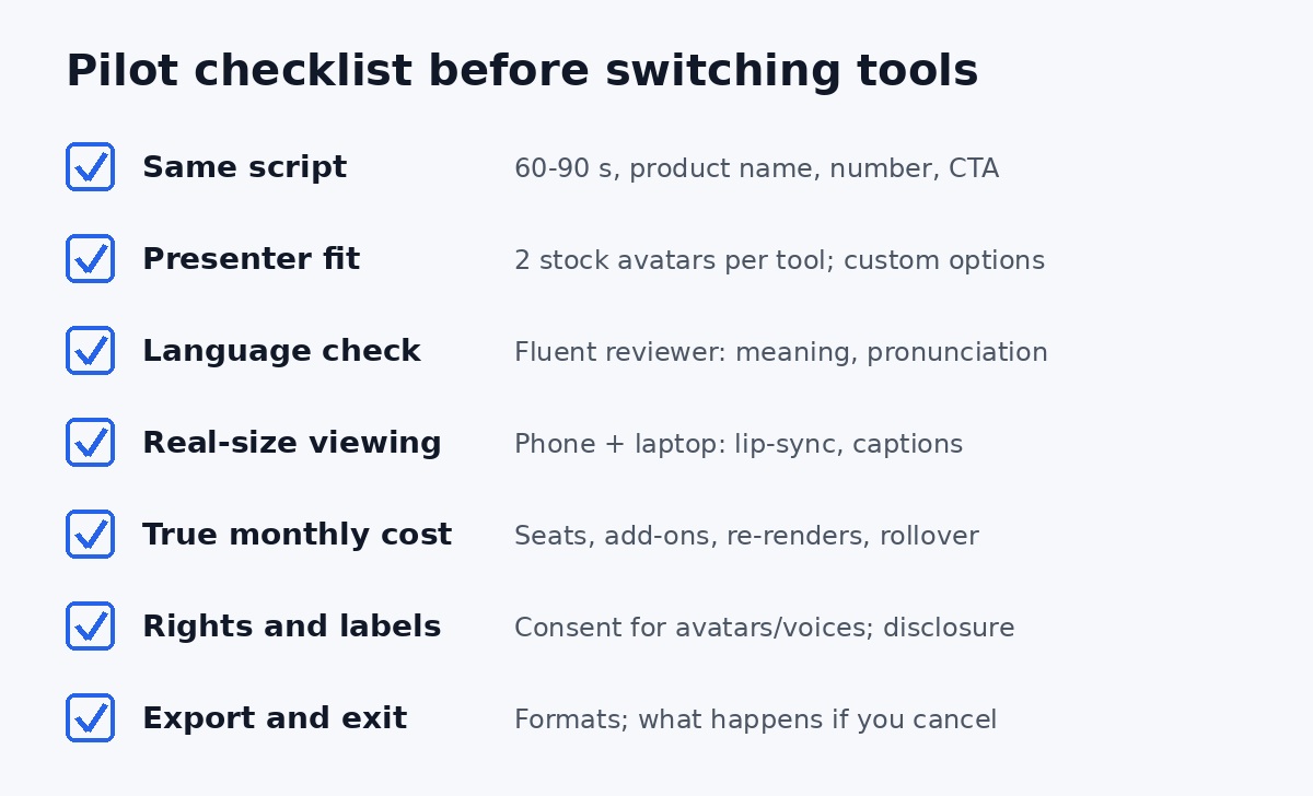 Checklist for testing a HeyGen alternative before switching