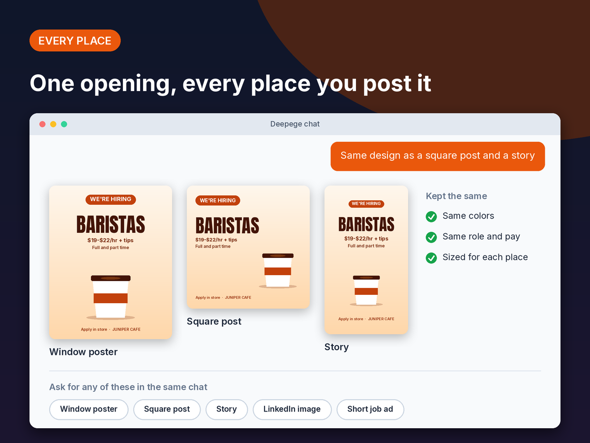 Mockup: one hiring design as a vertical window poster, a square post and a vertical story