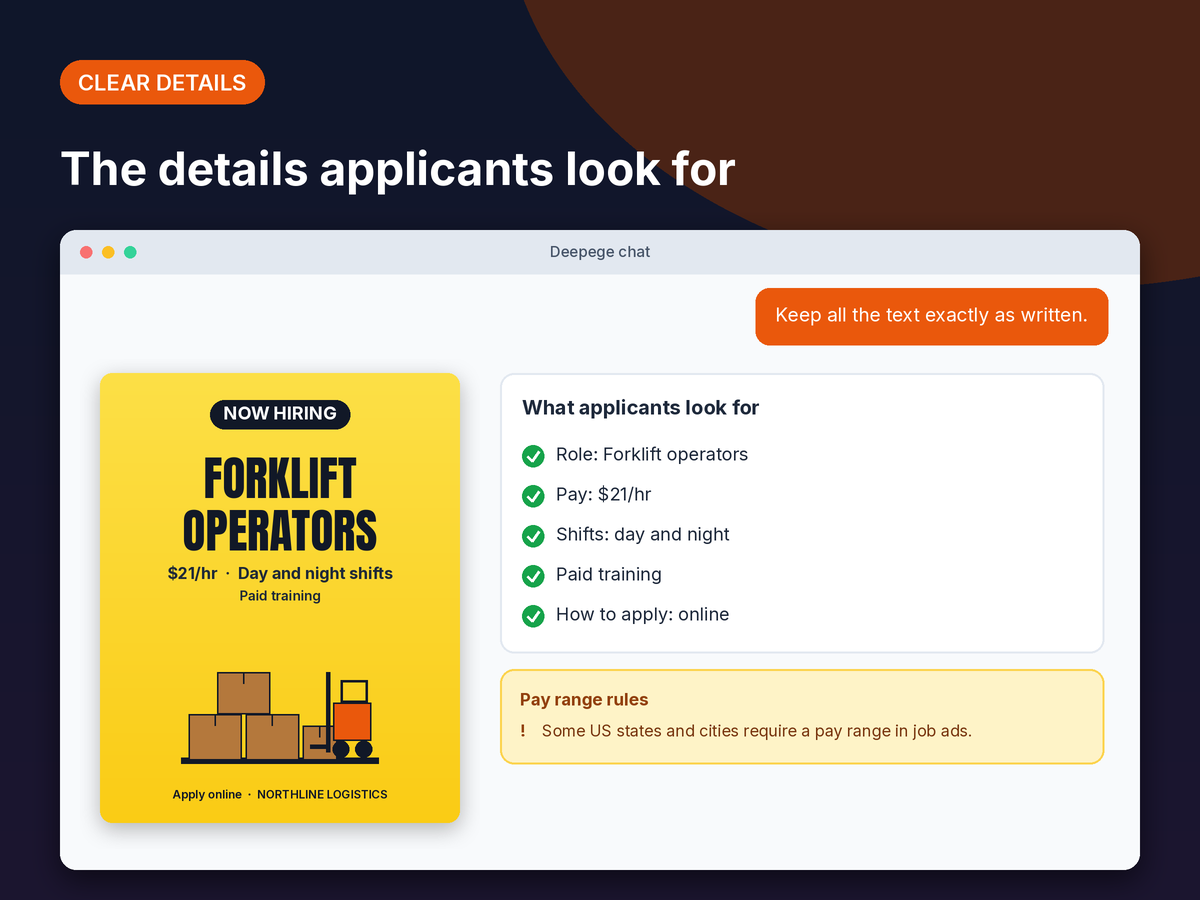 Mockup: a hiring poster next to a checklist for the role, pay range, hours, location and how to apply