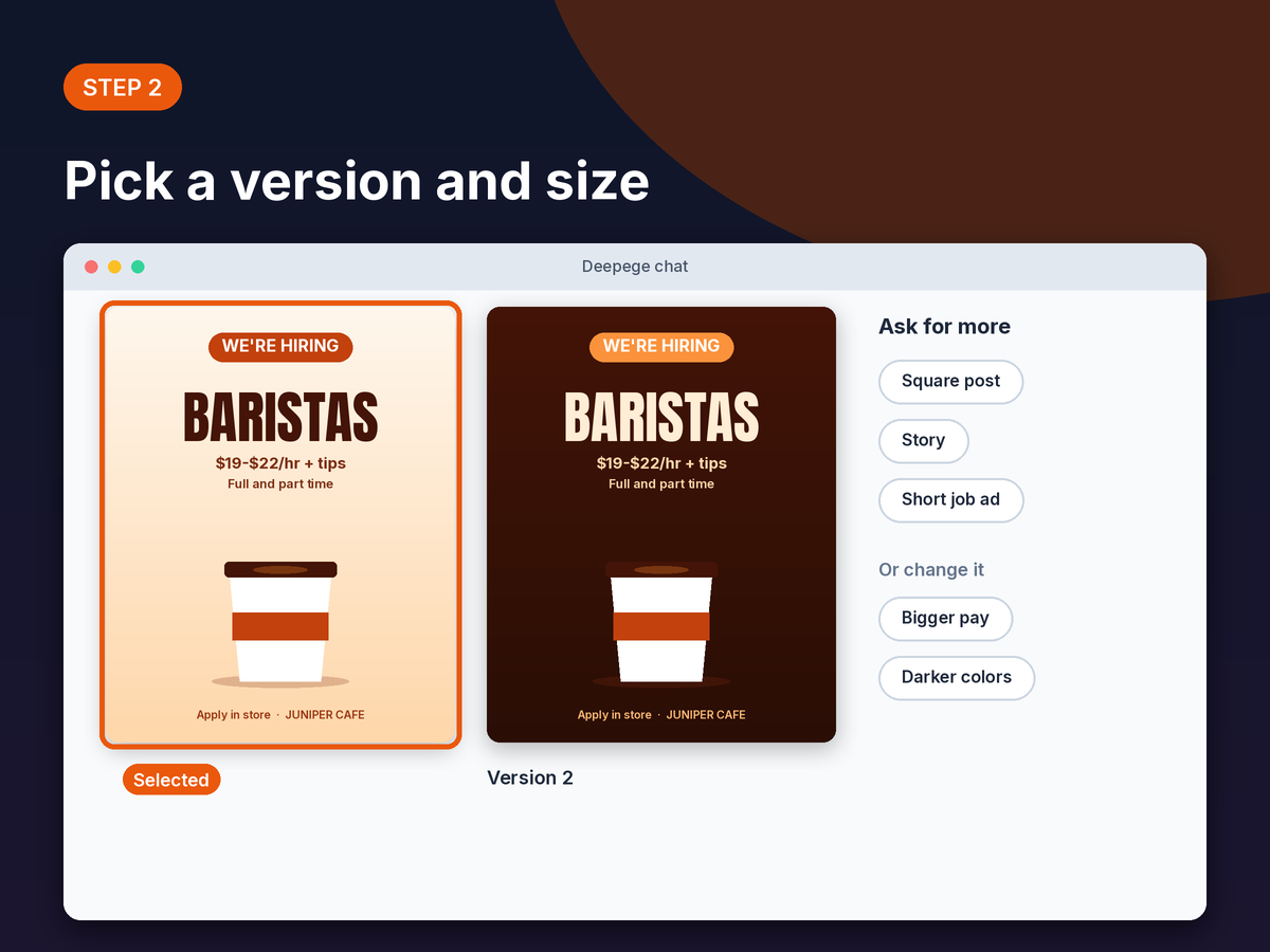 Step 2 mockup: two hiring poster versions and buttons to ask for a square post, a story or a job ad