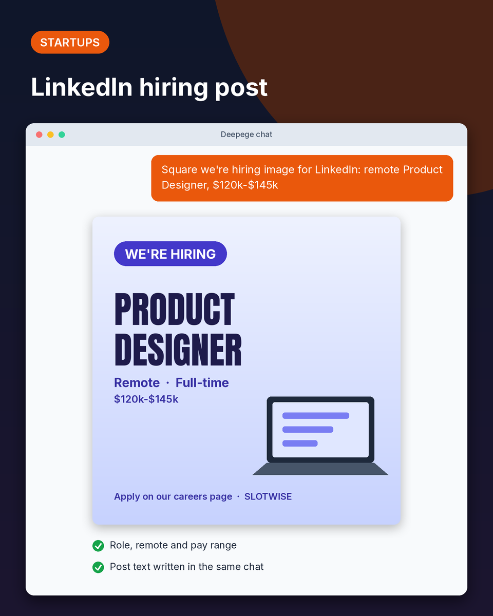 Startup example: a square LinkedIn image hiring a remote product designer with a $120k-$145k pay range
