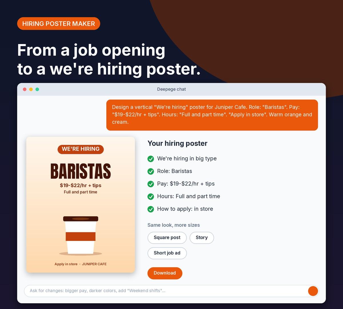 Deepege chat mockup: a cafe's job details and a vertical we're hiring poster with the role, pay, hours and how to apply