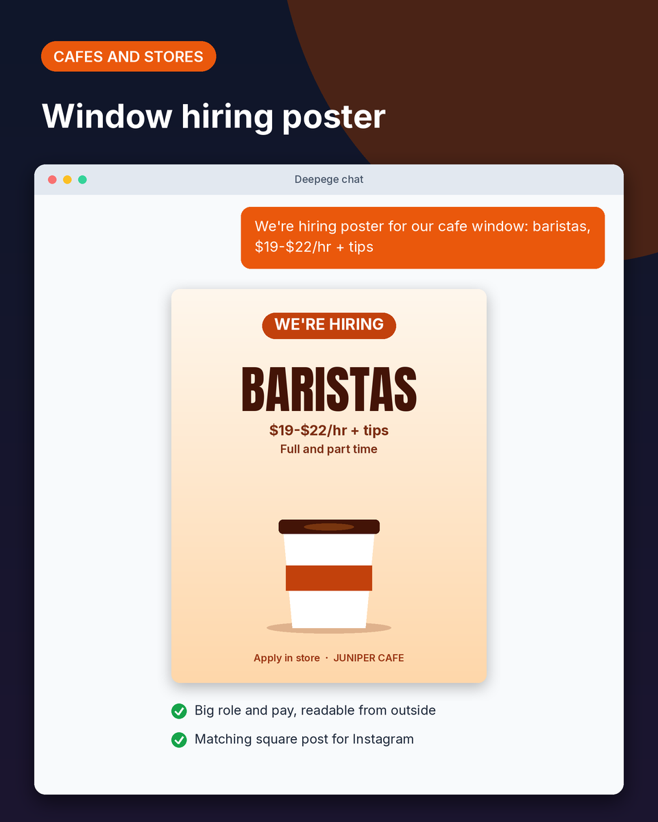 Cafe example: a vertical window poster hiring baristas at $19-$22 an hour plus tips, full and part time