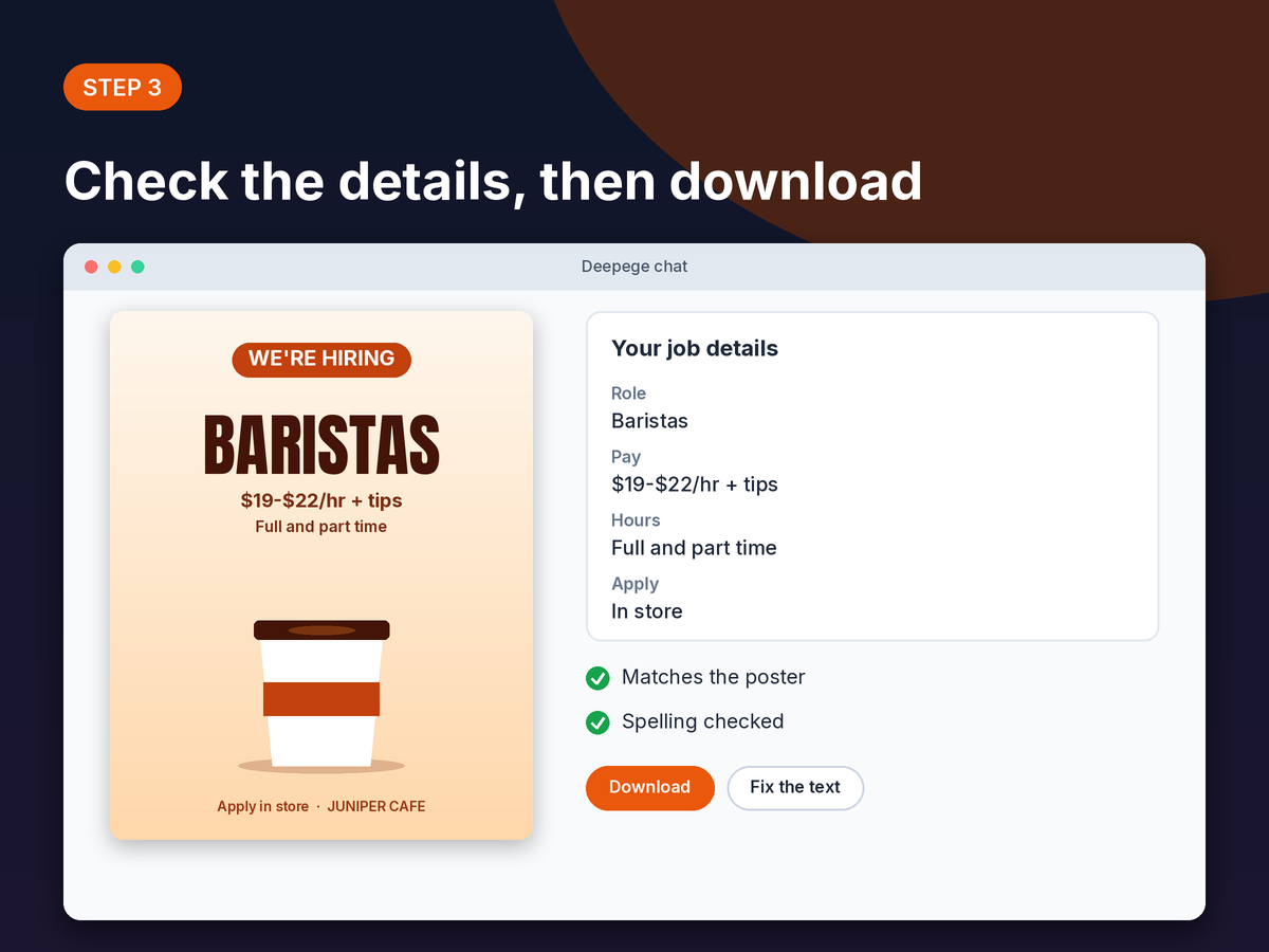 Step 3 mockup: a checklist of job details next to the final hiring poster with a download button