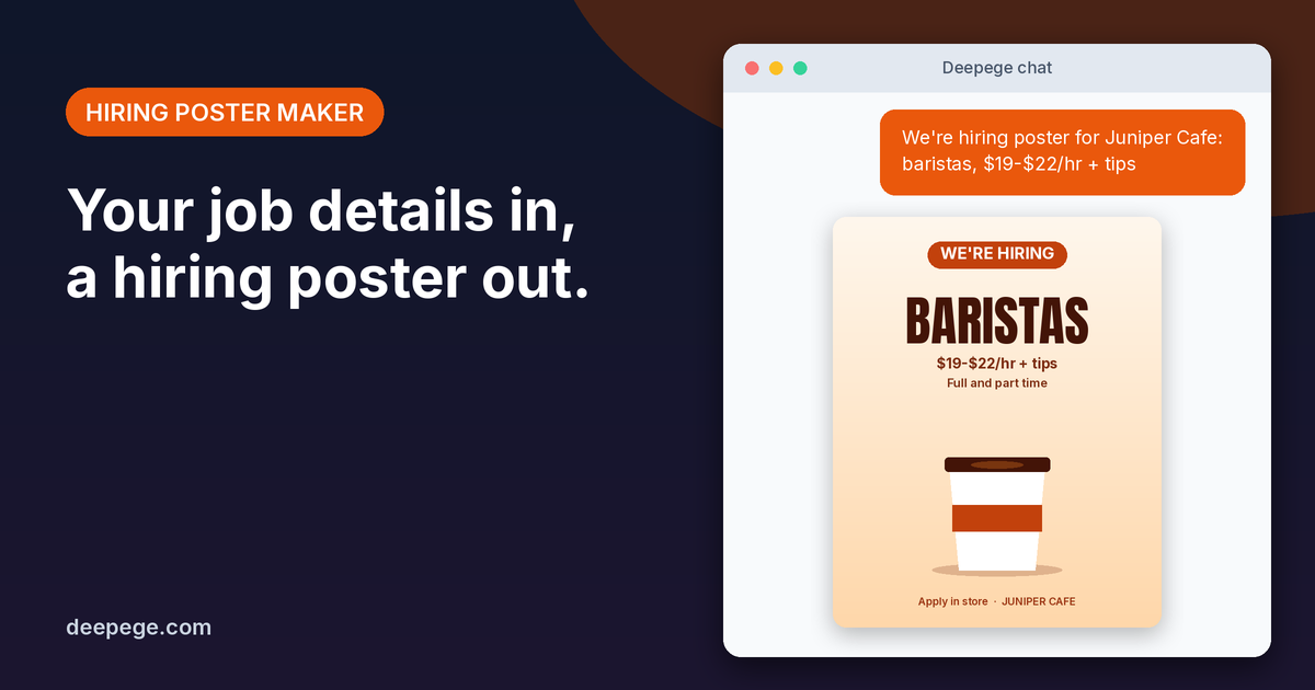 Deepege chat mockup: a we're hiring request for a cafe and the finished orange and cream barista hiring poster