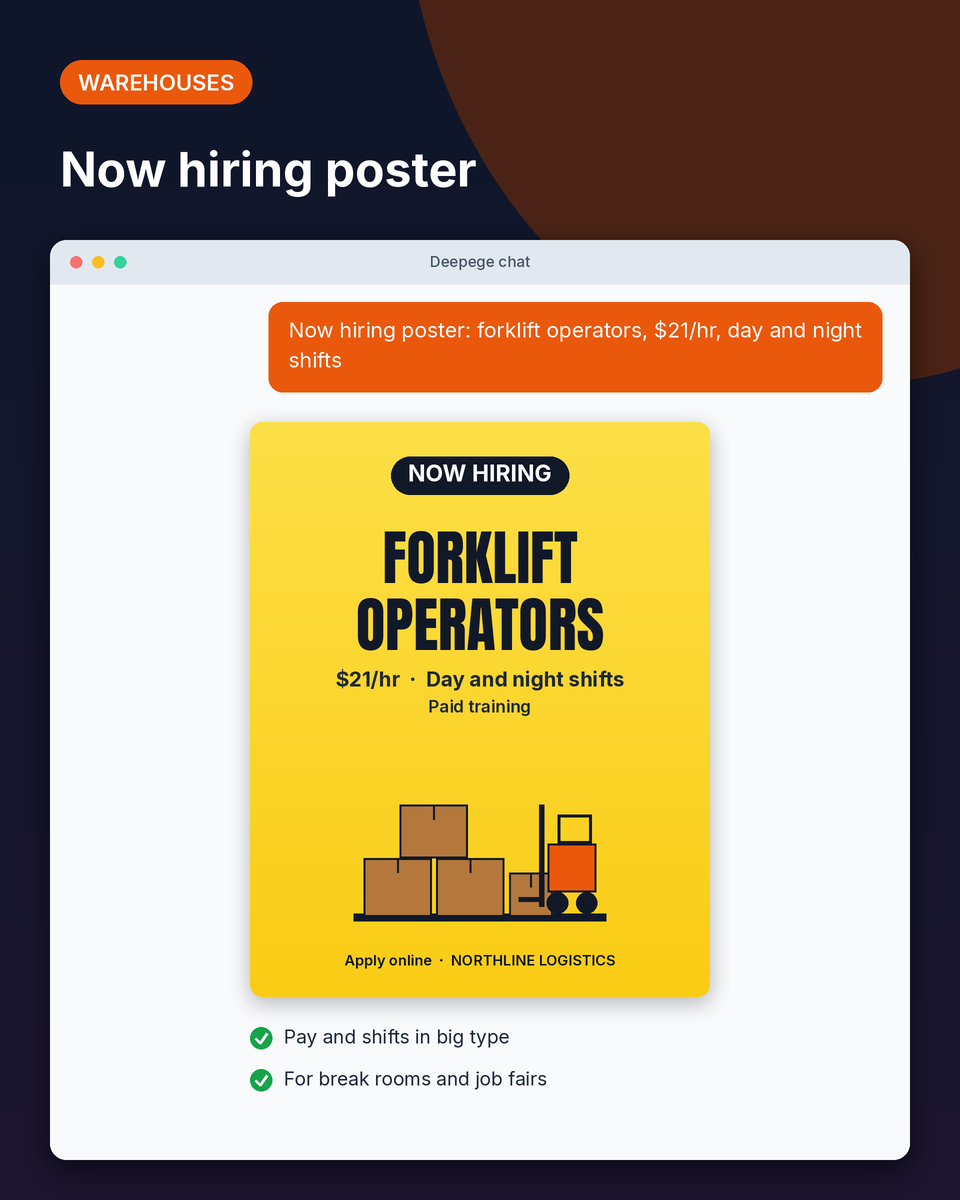 Warehouse example: a yellow and black now hiring poster for forklift operators at $21 an hour