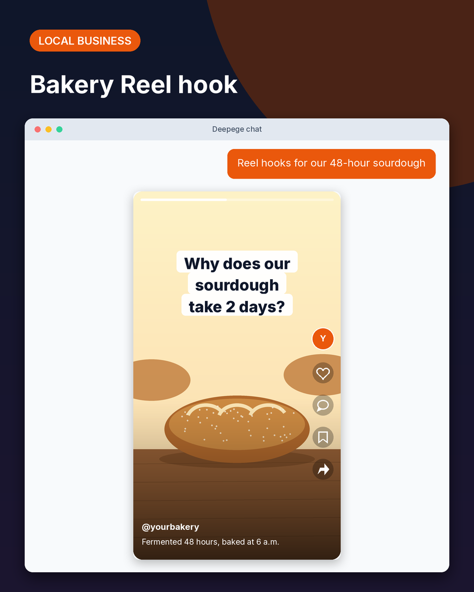 Local business example: a vertical video for a bakery opening with a question hook about sourdough