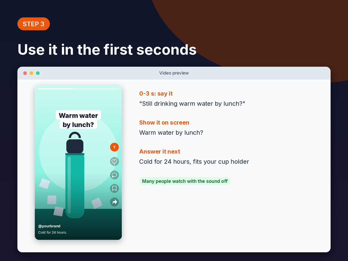 Step 3 mockup: the hook spoken in the first seconds of a vertical video and shown as on-screen text