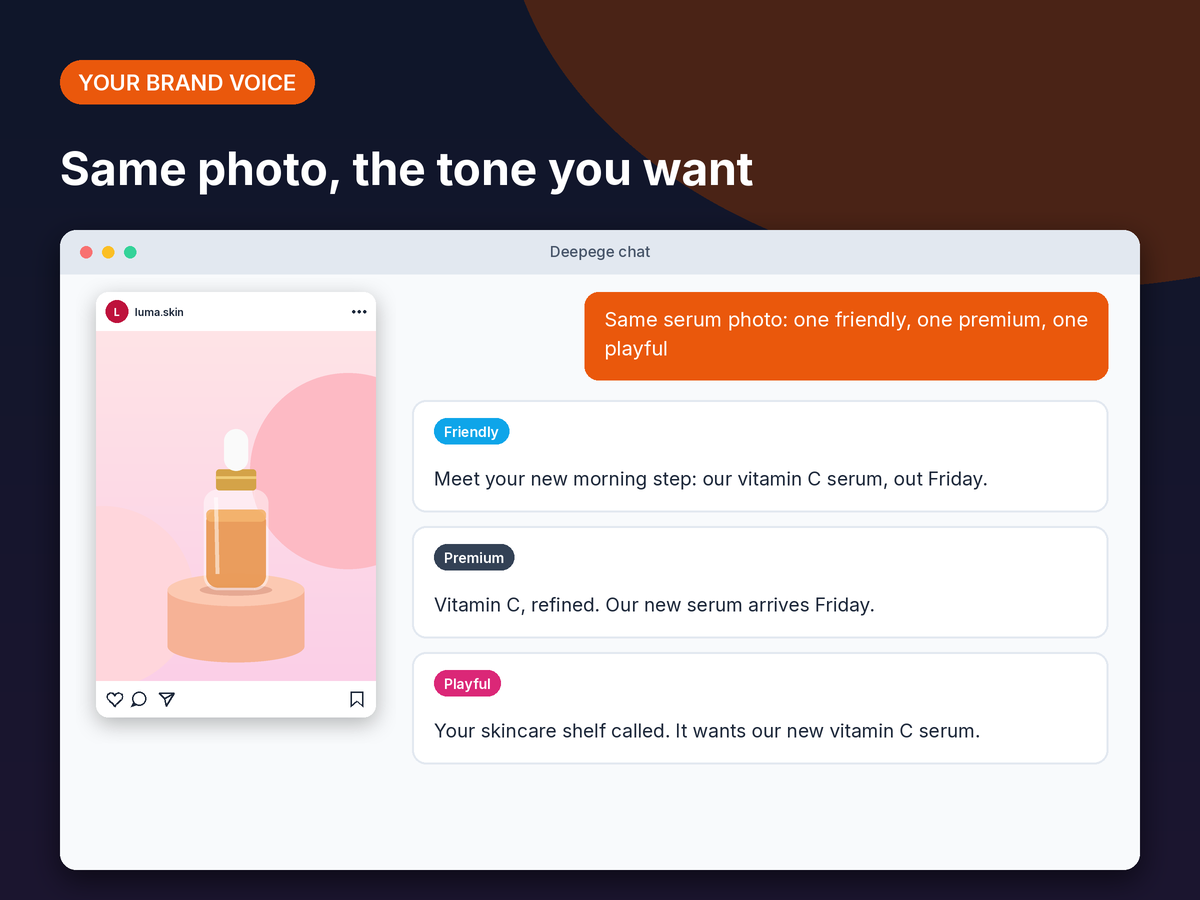 Mockup: one vitamin C serum photo with three captions in different tones: friendly, premium and playful