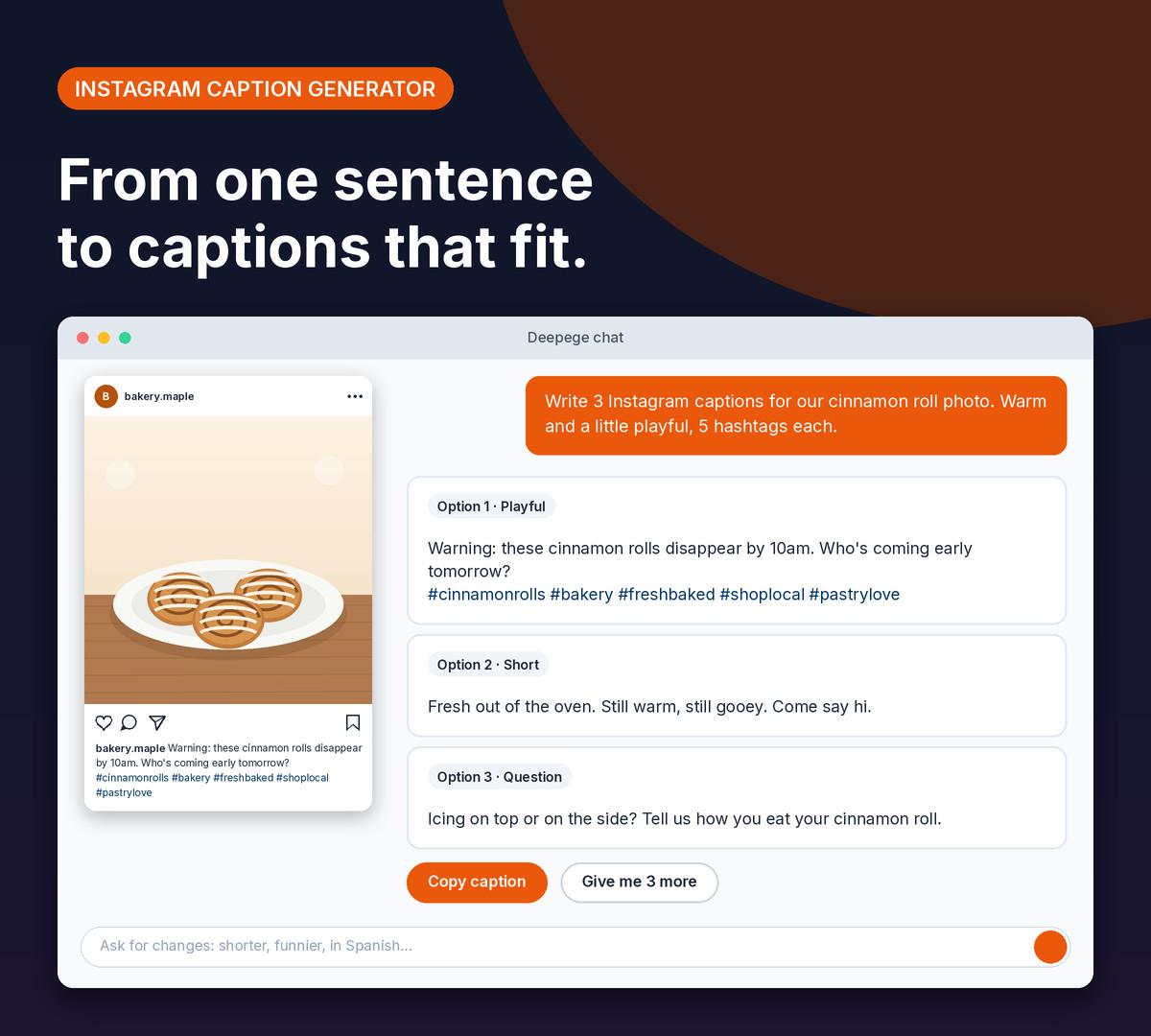 Deepege chat mockup: a bakery caption request, an Instagram post preview and three caption options with hashtags