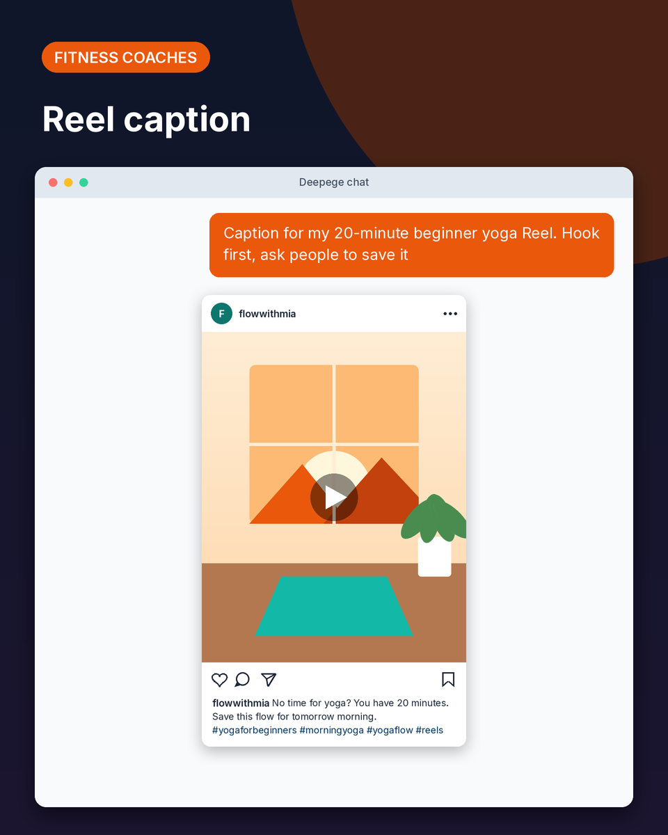 Fitness example: a beginner yoga Reel with a caption that opens with a hook and asks viewers to save it