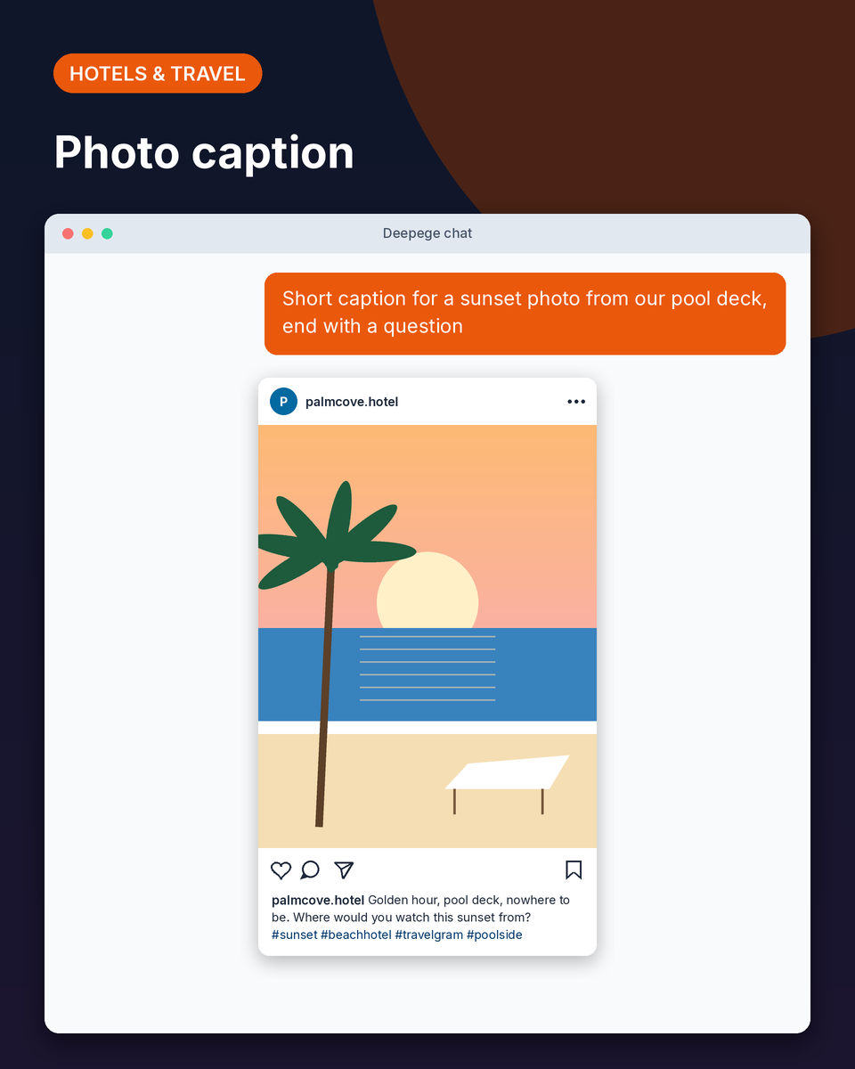 Hotel example: a sunset pool deck photo with a short travel caption, a question and travel hashtags