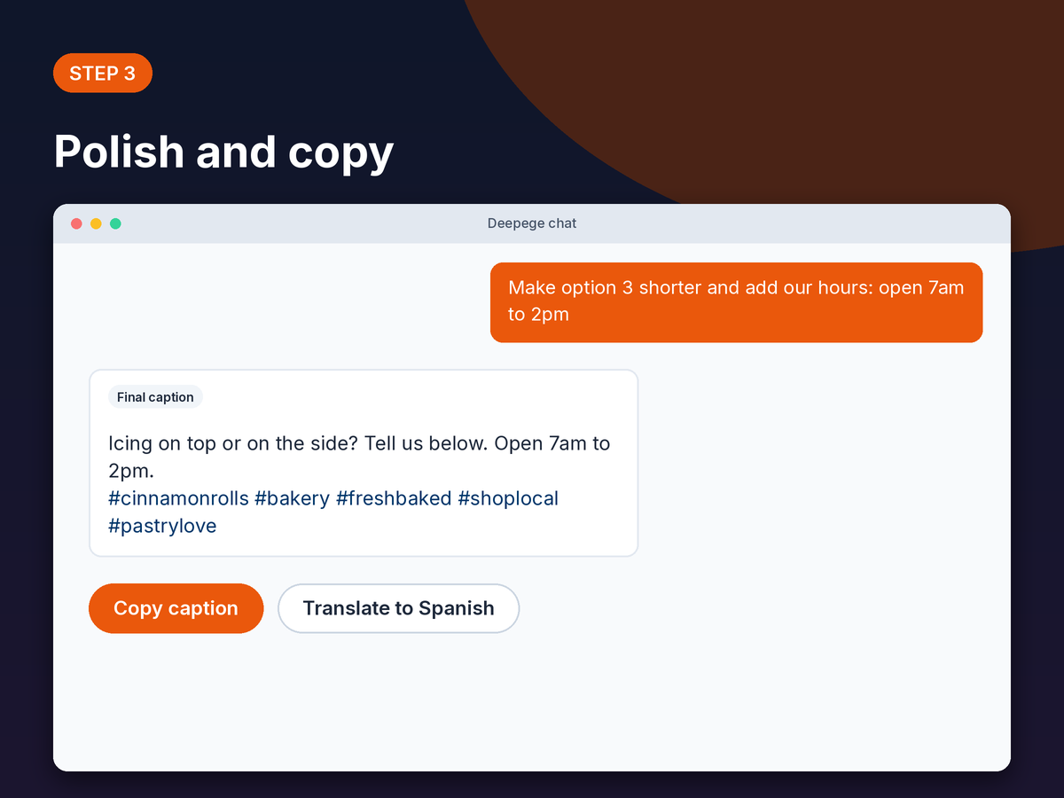 Step 3 mockup: asking for a shorter caption and getting the final version with a Copy caption button