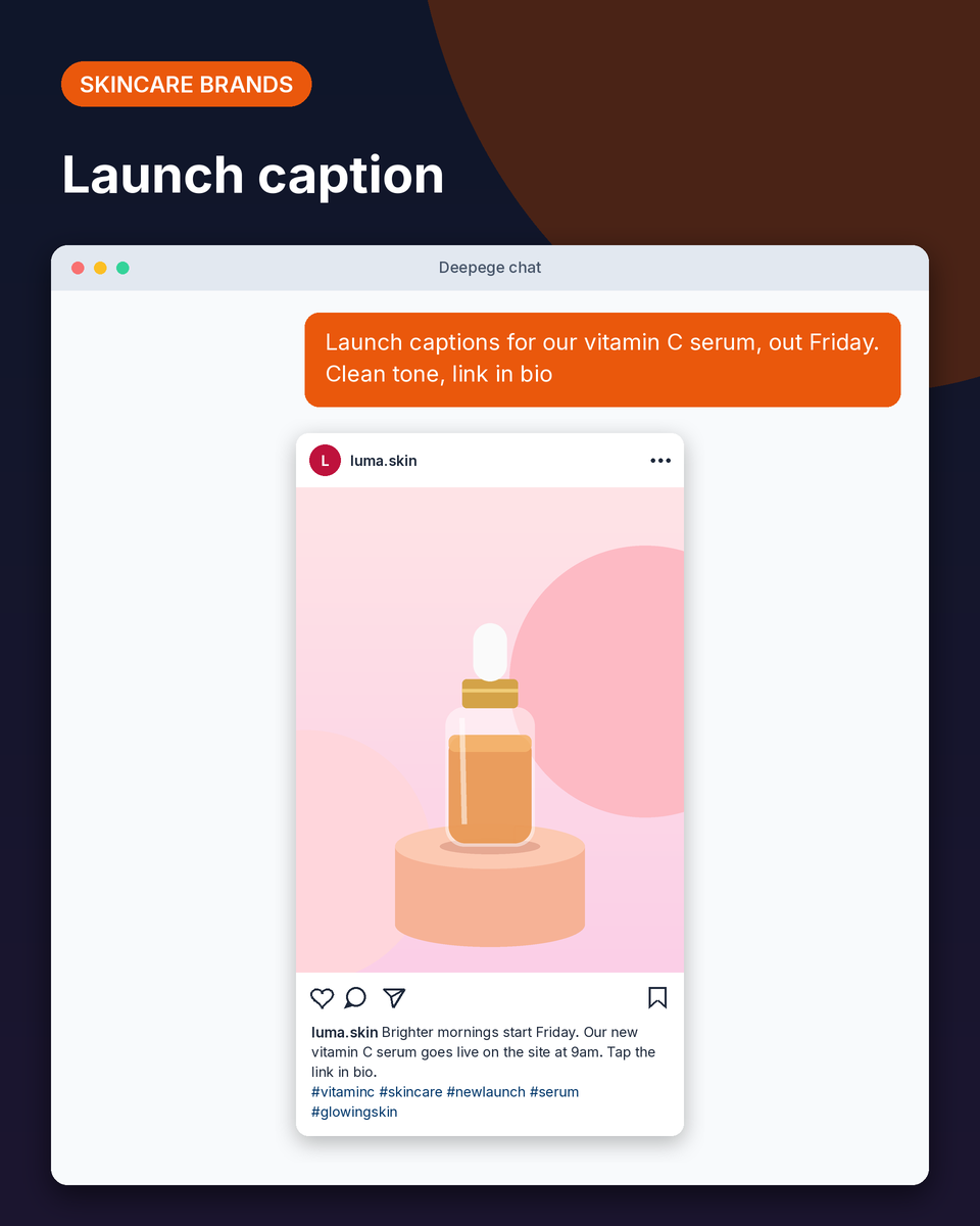 Skincare example: a vitamin C serum launch post with a caption that mentions Friday and the link in bio