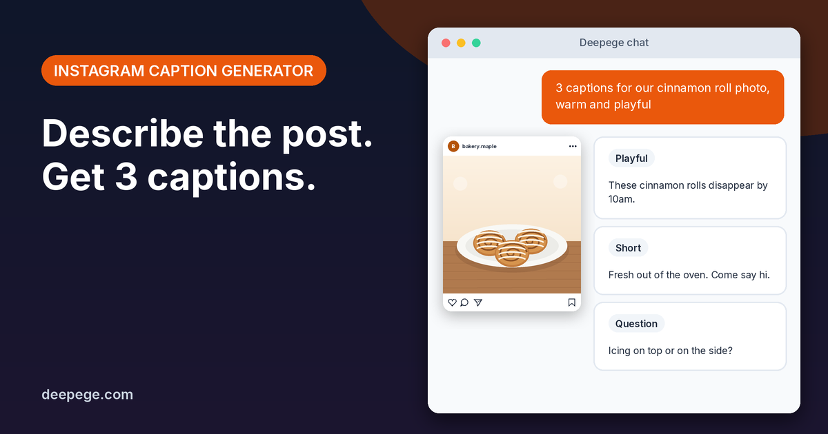 Deepege chat mockup: a cinnamon roll photo brief turned into three Instagram caption options with hashtags