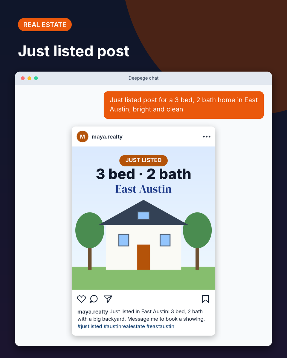 Real estate example: a Just Listed Instagram post for a 3 bed, 2 bath home in East Austin with caption
