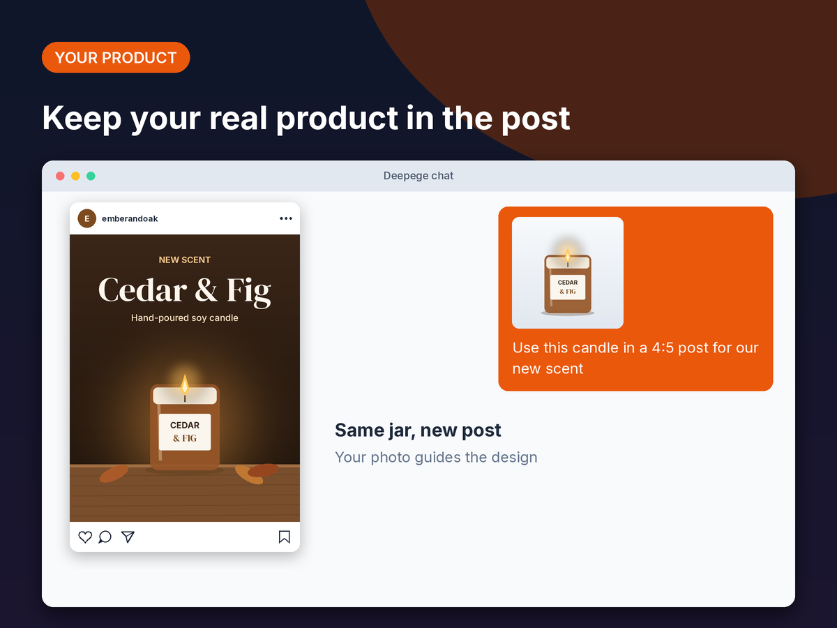 Mockup: a candle product photo attached in chat and the Cedar & Fig Instagram post built around it