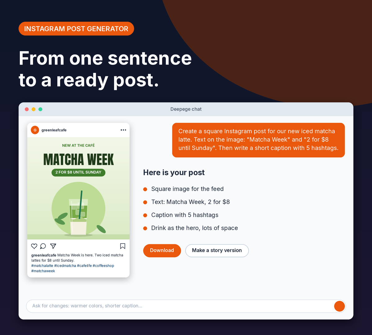 Deepege chat mockup: a matcha latte post brief and the finished Matcha Week Instagram post with caption and hashtags