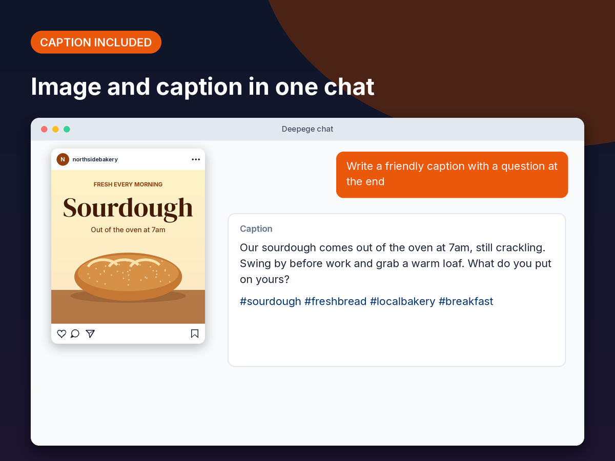 Mockup: a sourdough bakery post next to a friendly caption and hashtags written in the same chat